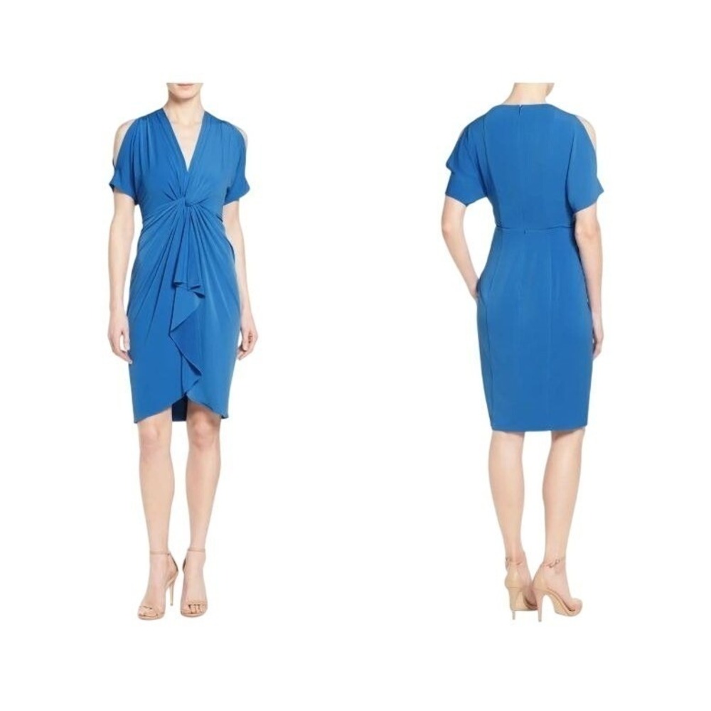 Catherine Malandrino Dress Womens 12 Blue Emily Cold Shoulder Twist New $138